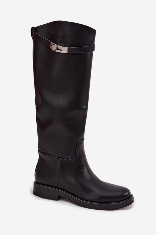 Damen kniehohe Stiefel mit verzierten Absätzen aus schwarzem Kunstleder Palisse