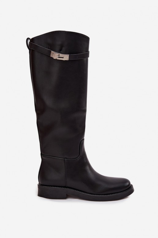 Damen kniehohe Stiefel mit verzierten Absätzen aus schwarzem Kunstleder Palisse