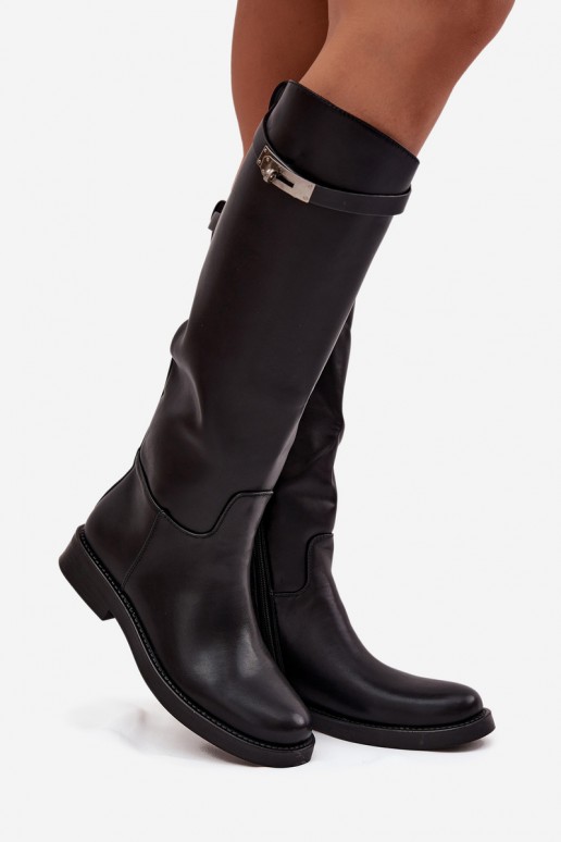 Damen kniehohe Stiefel mit verzierten Absätzen aus schwarzem Kunstleder Palisse