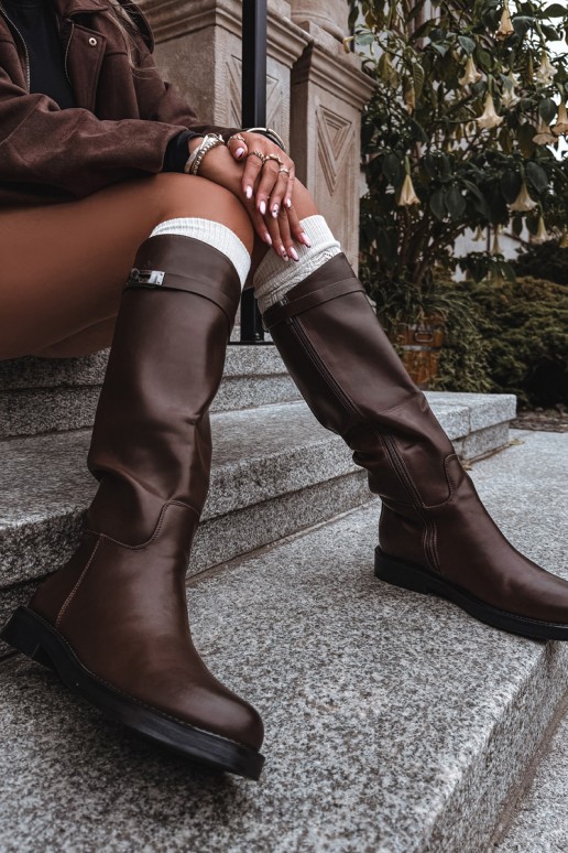 Damen kniehohe Stiefel mit verzierten Absätzen aus braunem Kunstleder Palisse