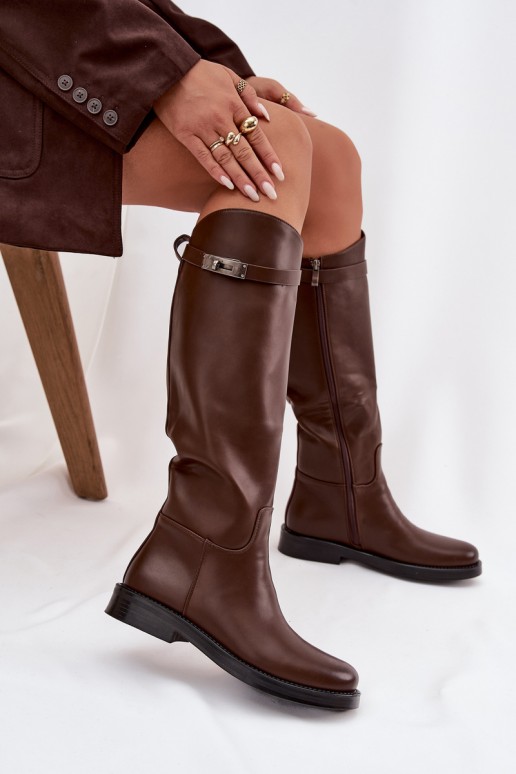 Damen kniehohe Stiefel mit verzierten Absätzen aus braunem Kunstleder Palisse