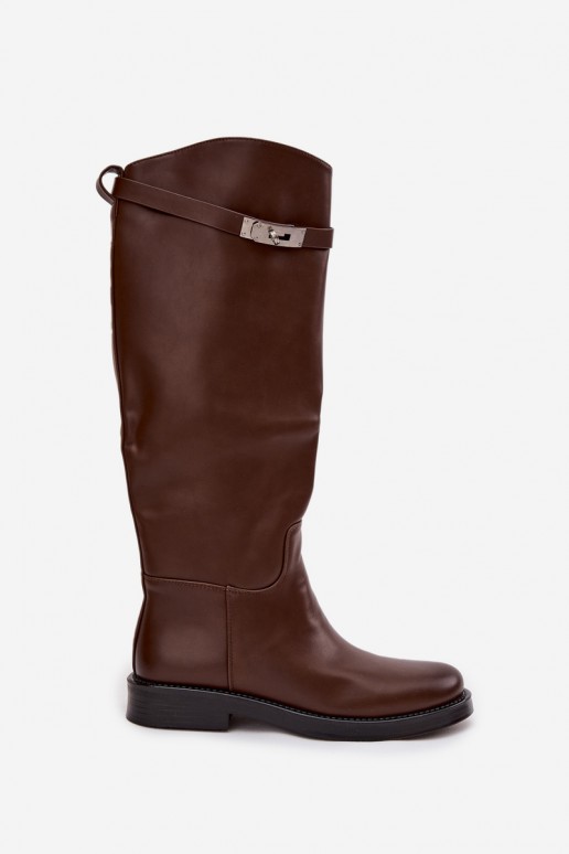 Damen kniehohe Stiefel mit verzierten Absätzen aus braunem Kunstleder Palisse