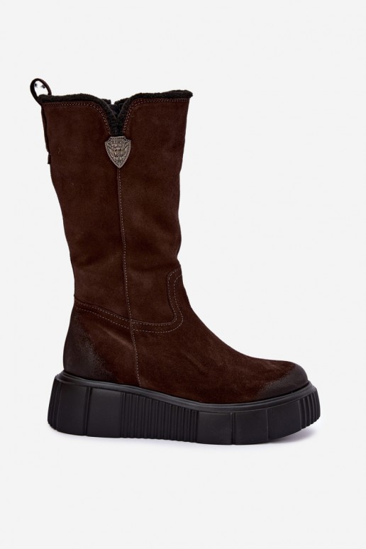 Damen kniehohe Stiefel aus braunem Kunstveloursleder mit Wolle Zazoo