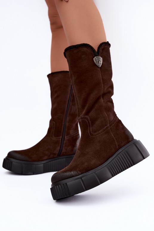 Damen kniehohe Stiefel aus braunem Kunstveloursleder mit Wolle Zazoo