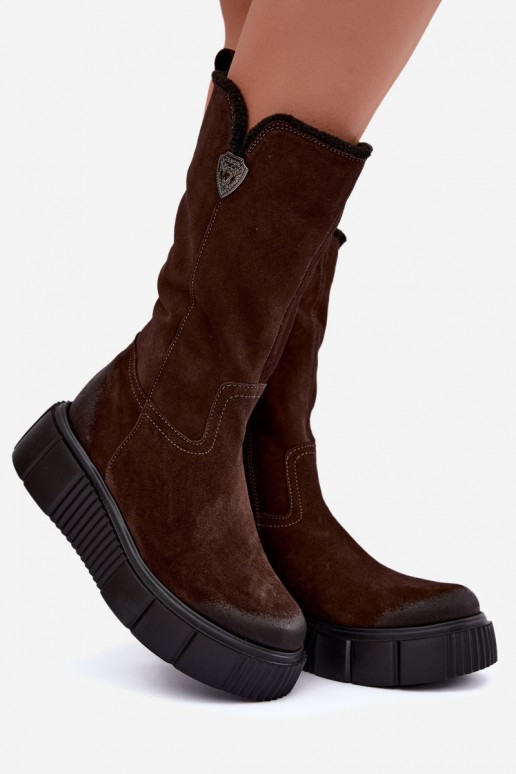Damen kniehohe Stiefel aus braunem Kunstveloursleder mit Wolle Zazoo