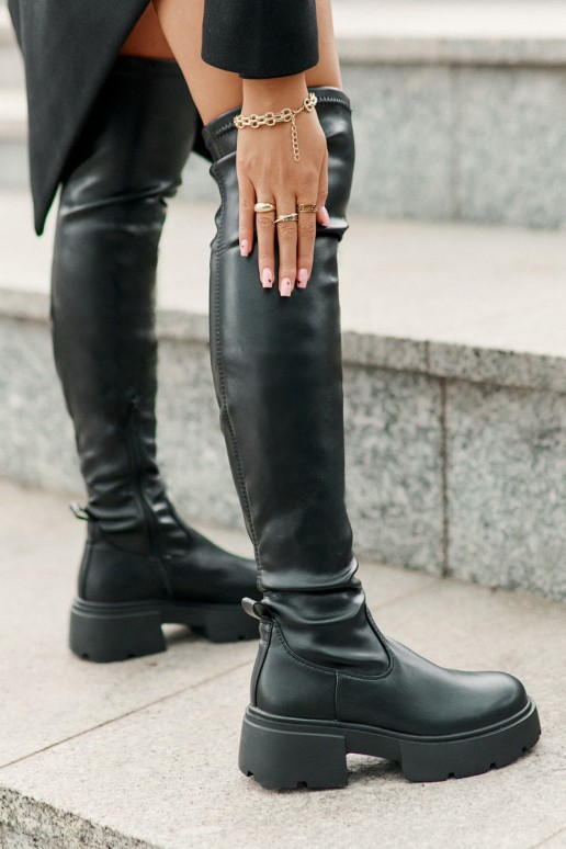 Schwarze Overknee-Stiefel mit Plateau aus Kunstleder Loreviana
