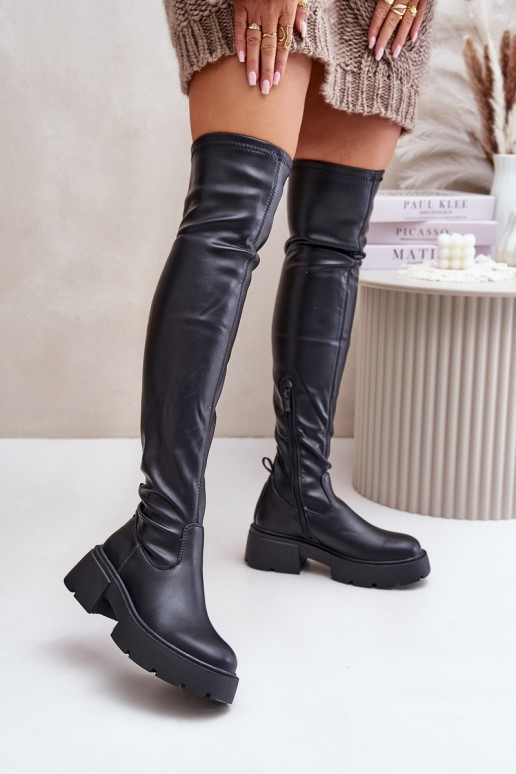 Schwarze Overknee-Stiefel mit Plateau aus Kunstleder Loreviana