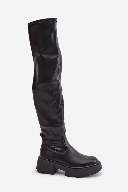Schwarze Overknee-Stiefel mit Plateau aus Kunstleder Loreviana