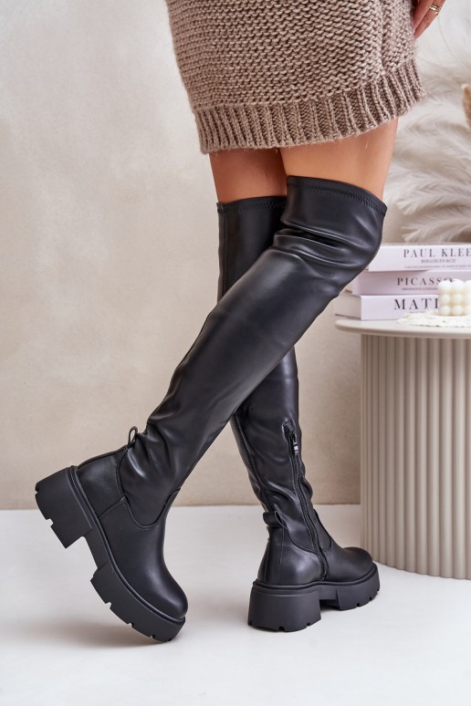 Schwarze Overknee-Stiefel mit Plateau aus Kunstleder Loreviana