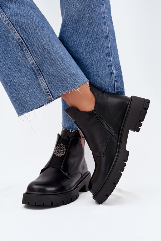 Schwarze gefütterte flache Stiefel für Damen mit Verzierungen Lavira