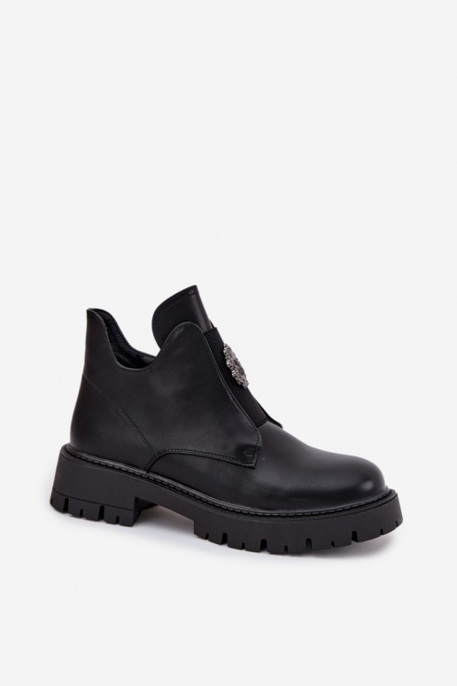 Schwarze gefütterte flache Stiefel für Damen mit Verzierungen Lavira