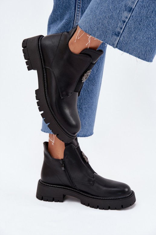 Schwarze gefütterte flache Stiefel für Damen mit Verzierungen Lavira