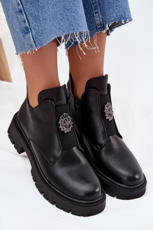Schwarze gefütterte flache Stiefel für Damen mit Verzierungen Lavira