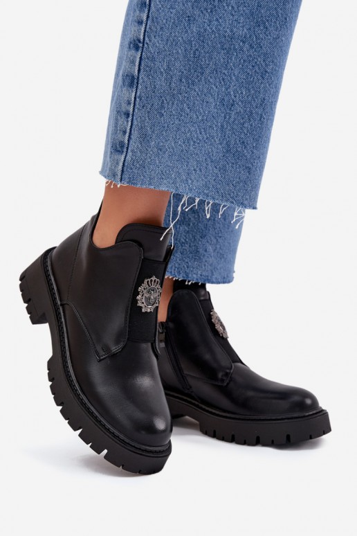 Schwarze gefütterte flache Stiefel für Damen mit Verzierungen Lavira