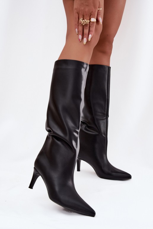 Damenstiefel zum Hineinschlüpfen, wärmend, mit schmalen Absätzen, schwarze Farbe, Olivienne