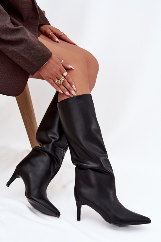 Damenstiefel zum Hineinschlüpfen, wärmend, mit schmalen Absätzen, schwarze Farbe, Olivienne