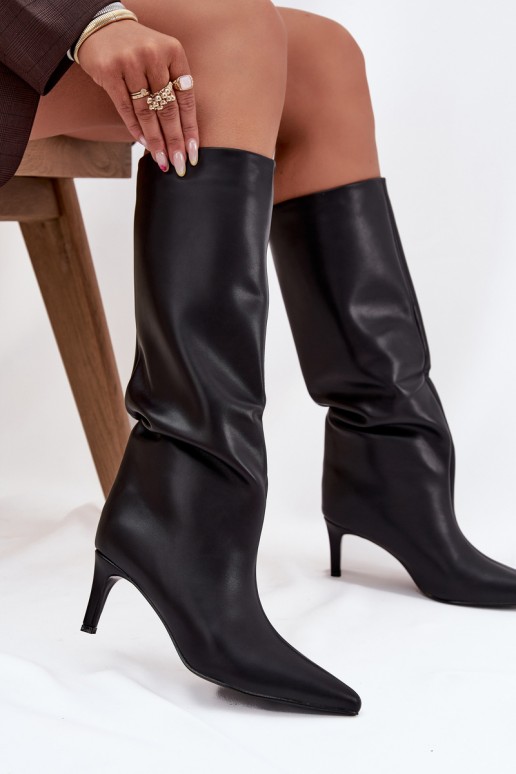 Damenstiefel zum Hineinschlüpfen, wärmend, mit schmalen Absätzen, schwarze Farbe, Olivienne