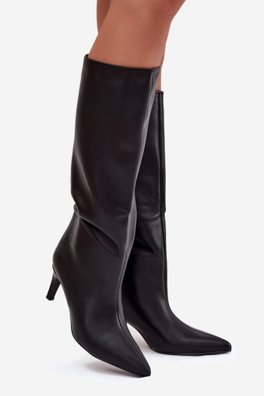 Damenstiefel zum Hineinschlüpfen, wärmend, mit schmalen Absätzen, schwarze Farbe, Olivienne