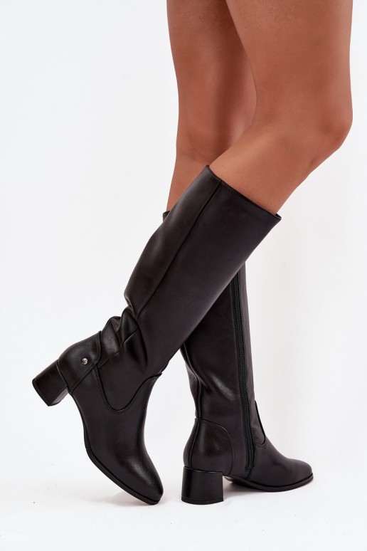 Schwarze gefütterte Damen-Overknee-Stiefel aus Leder mit Absätzen