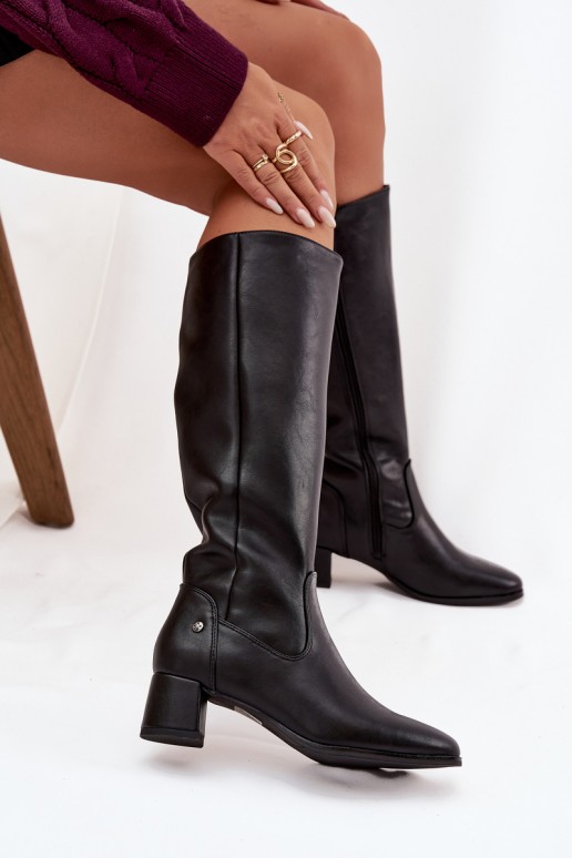 Schwarze gefütterte Damen-Overknee-Stiefel aus Leder mit Absätzen