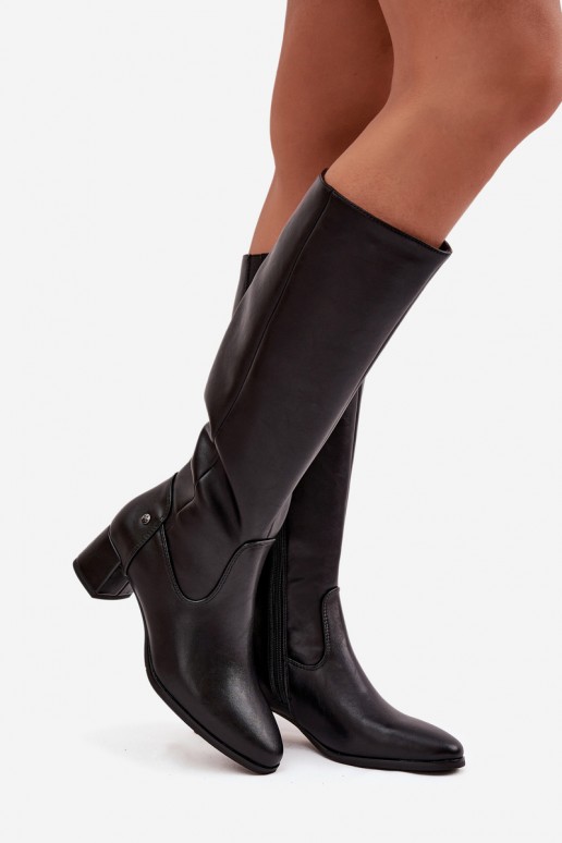 Schwarze gefütterte Damen-Overknee-Stiefel aus Leder mit Absätzen