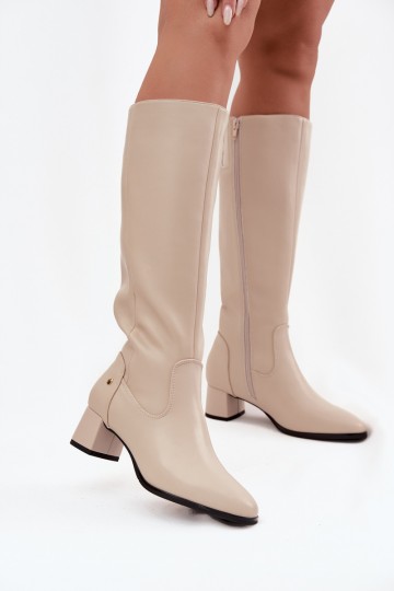 Beige gefütterte Damen-Overknee-Stiefel aus Leder mit Absätzen 2