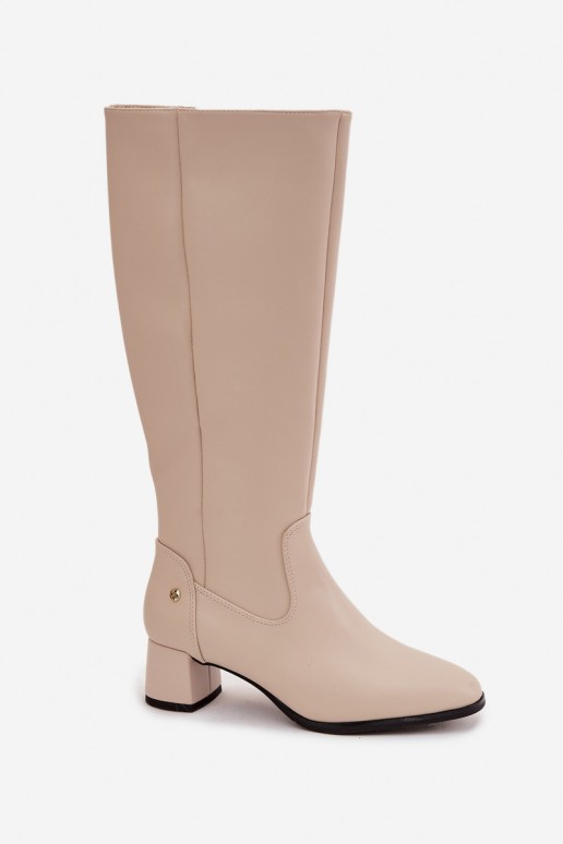 Beige gefütterte Damen-Overknee-Stiefel aus Leder mit Absätzen