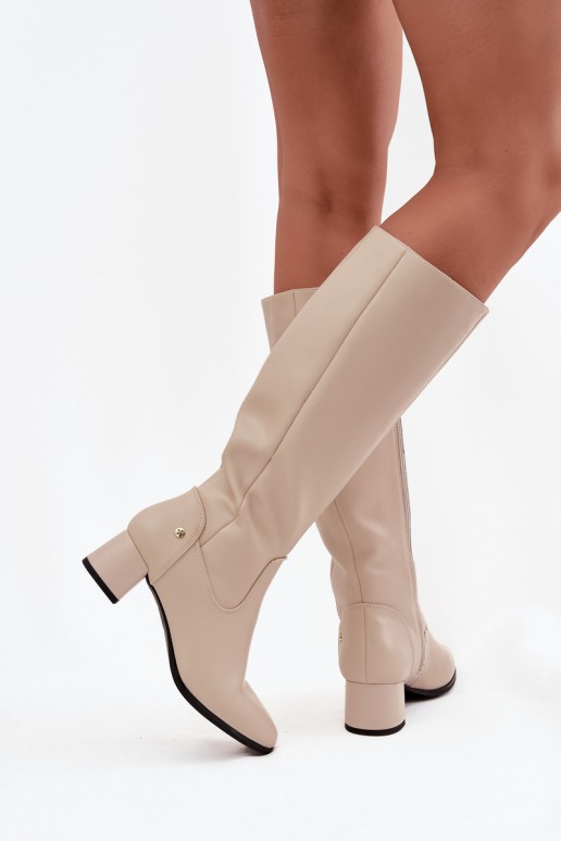 Beige gefütterte Damen-Overknee-Stiefel aus Leder mit Absätzen