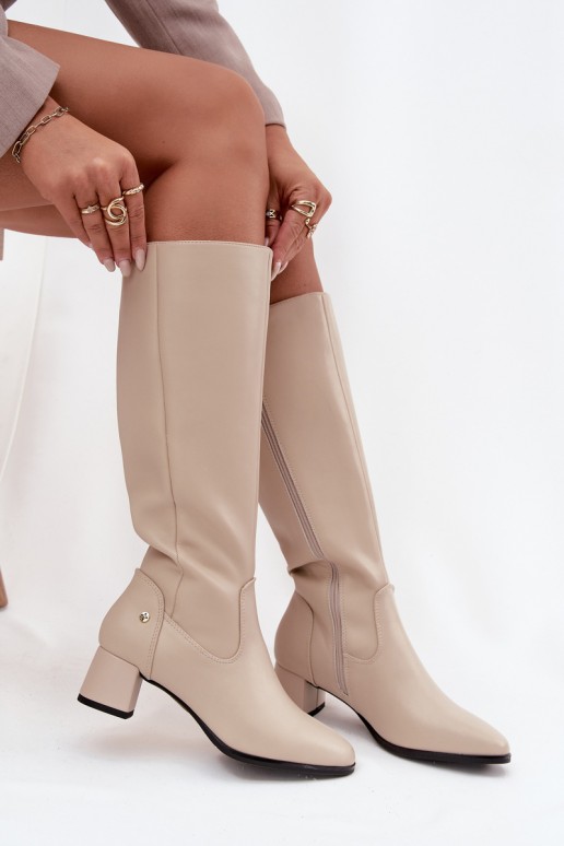 Beige gefütterte Damen-Overknee-Stiefel aus Leder mit Absätzen