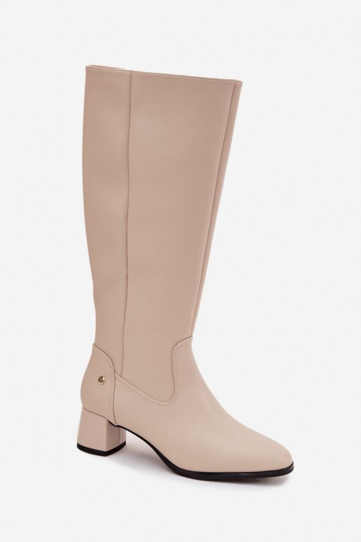Beige gefütterte Damen-Overknee-Stiefel aus Leder mit Absätzen