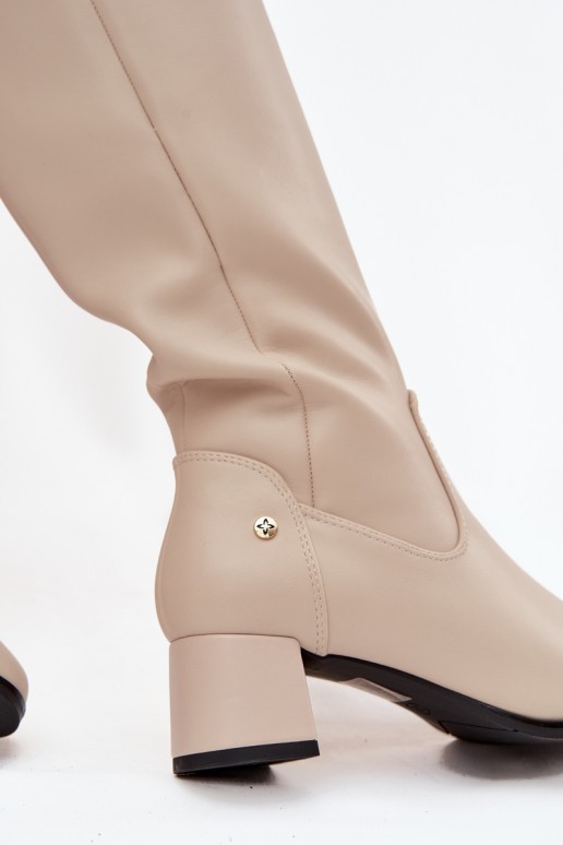 Beige gefütterte Damen-Overknee-Stiefel aus Leder mit Absätzen