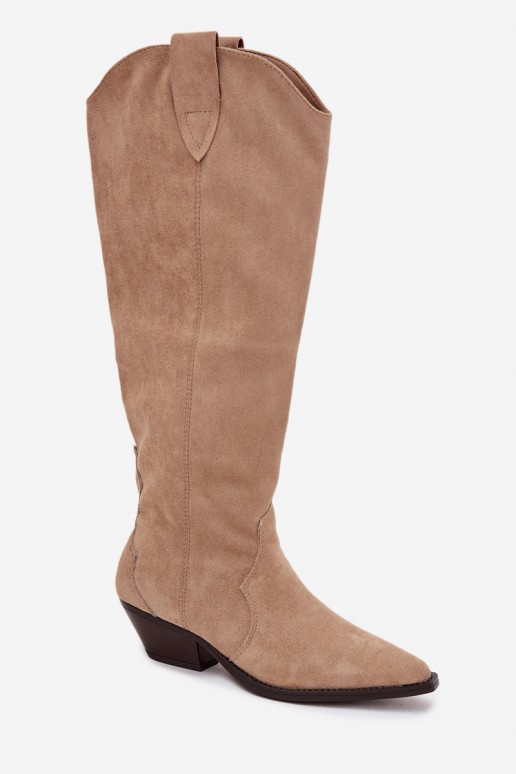 Wärmende lange Cowboy-Stiefel mit Absatz aus Kunstveloursleder in Sandfarbe Jovianne