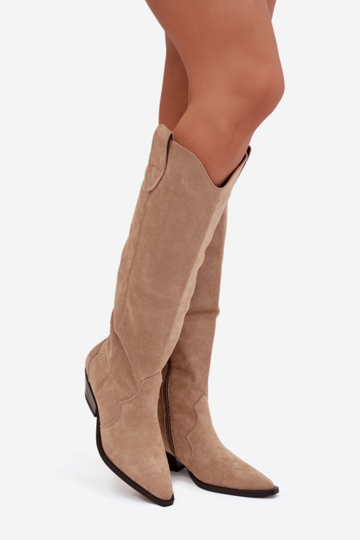 Wärmende lange Cowboy-Stiefel mit Absatz aus Kunstveloursleder in Sandfarbe Jovianne