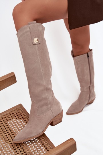 Cappuccino-farbene Kunstveloursleder-Stiefel im Cowboy-Stil mit Futter Zazoo 4224