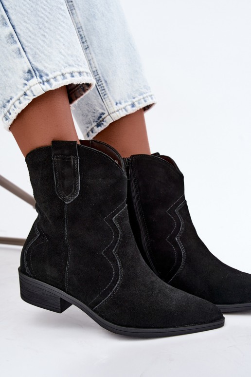 Schwarze Wildleder-Cowboy-Stiefel mit niedrigem Absatz Delsa