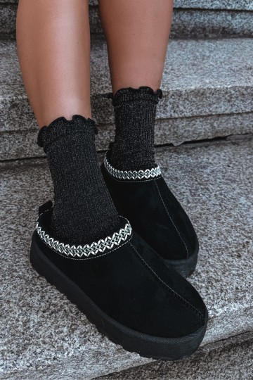 Damen niedrige Schneestiefel mit bestickten Blumen und Plattform in schwarzer Farbe Įjungtarirya
