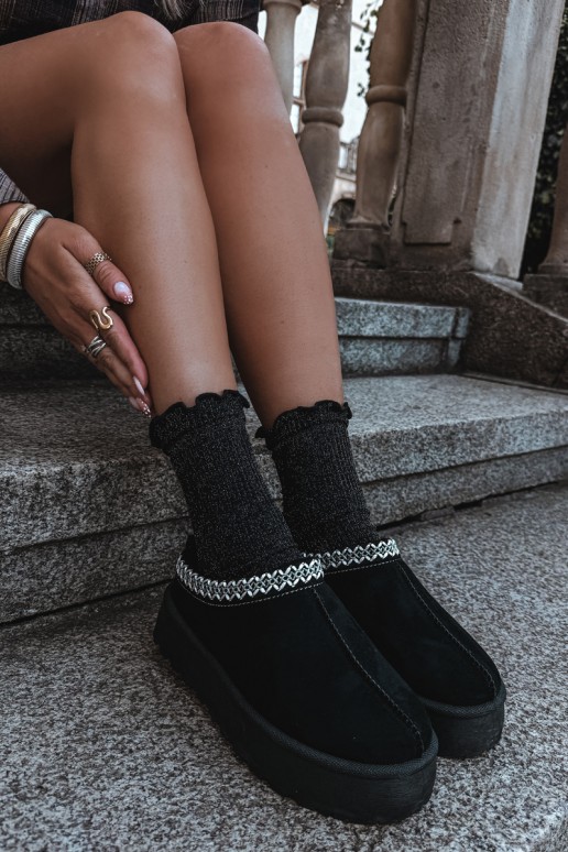 Damen niedrige Schneestiefel mit bestickten Blumen und Plattform in schwarzer Farbe Įjungtarirya