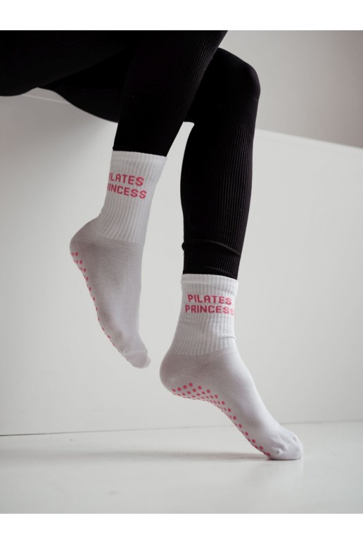 Damen rutschfeste Socken PILATES PRINCESS weiß mit rosa Mustern