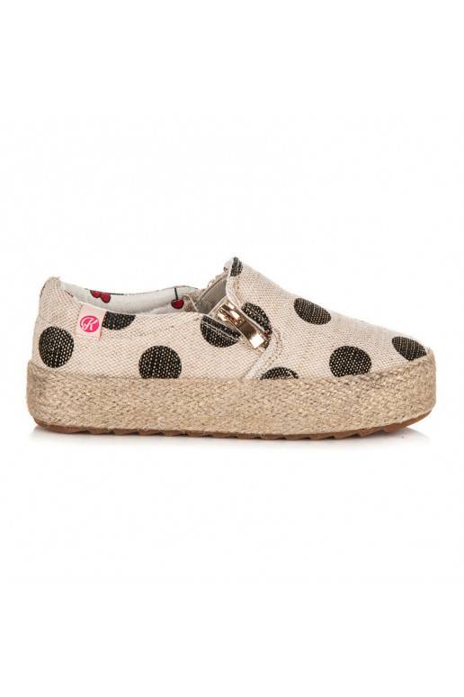 Trendige cremefarbene Textilschuhe für Kinder mit dekorativem Reißverschluss und schwarzen Punkten K1645004NE