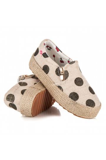 Cremefarbene Kinder-Textilschuhe mit dekorativem Reißverschluss und schwarzen Punkten K1645004NE  - 2