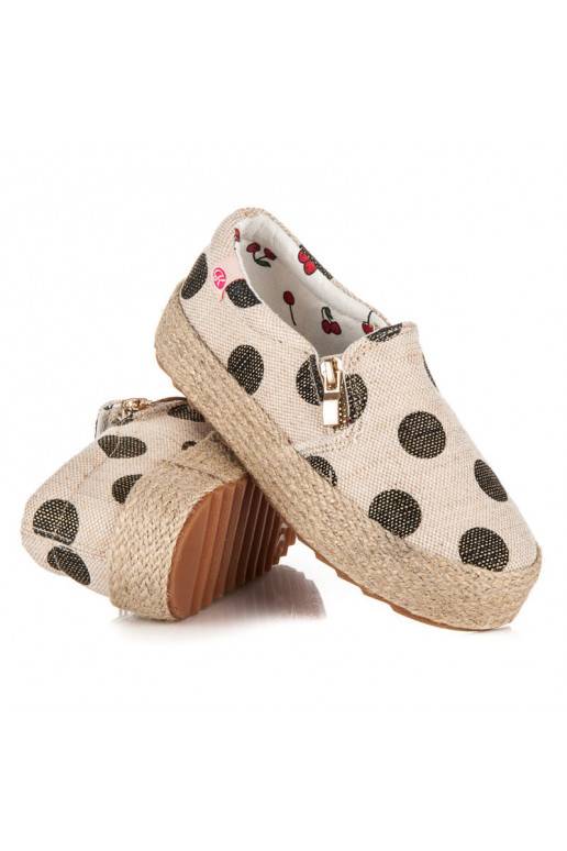Trendige cremefarbene Textilschuhe für Kinder mit dekorativem Reißverschluss und schwarzen Punkten K1645004NE