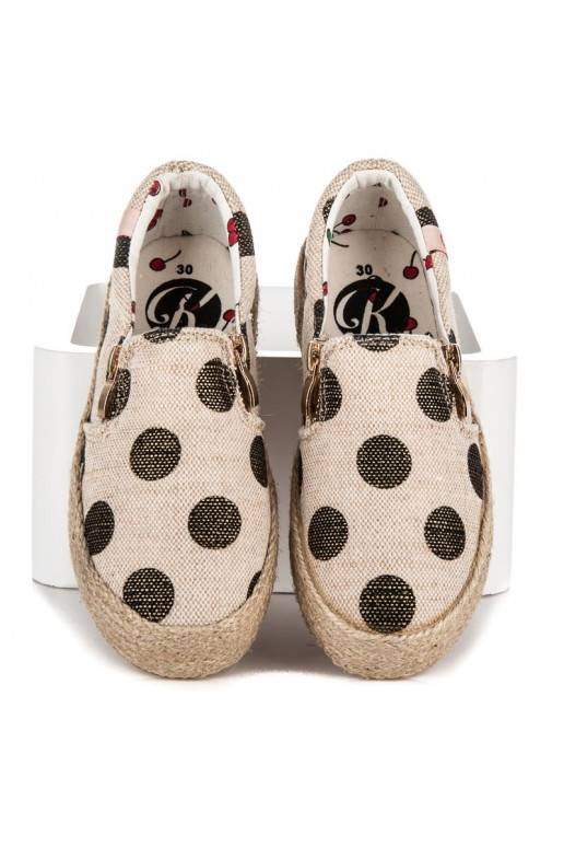 Trendige cremefarbene Textilschuhe für Kinder mit dekorativem Reißverschluss und schwarzen Punkten K1645004NE