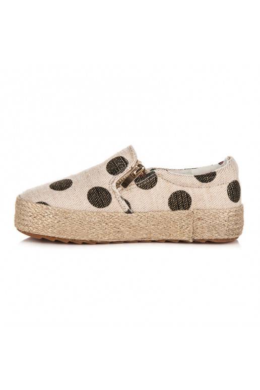 Trendige cremefarbene Textilschuhe für Kinder mit dekorativem Reißverschluss und schwarzen Punkten K1645004NE