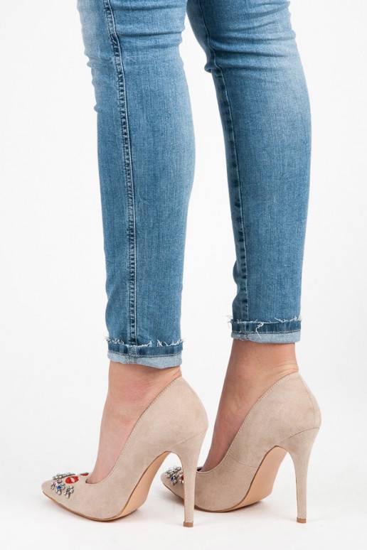 Beigefarbene Wildlederschuhe mit gestickten und glänzenden Details WL119BE  - 3 Beigefarbene Wildlederschuhe mit gestickten und glänzenden Details WL119BE  - 3