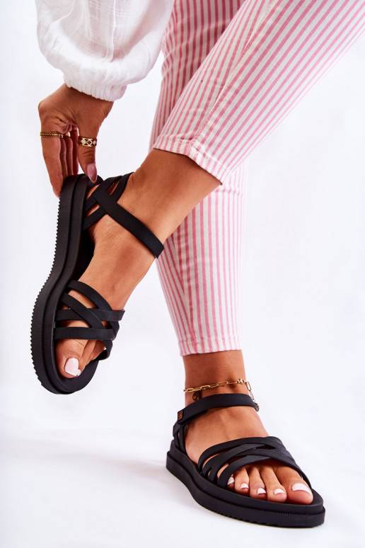 Damensandalen mit Klebeverschlüssen in Schwarz