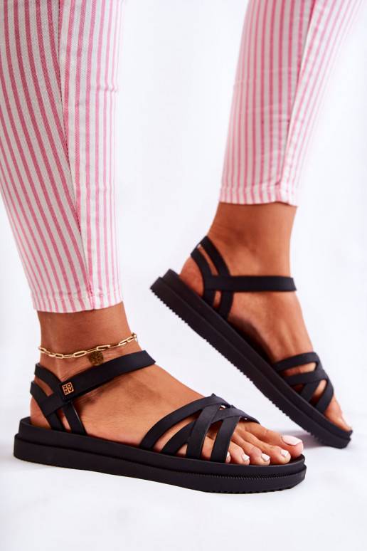 Damensandalen mit Klebeverschlüssen in Schwarz