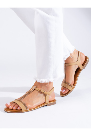 Flache Shelovet-Sandale mit Kristallen in Beige 2