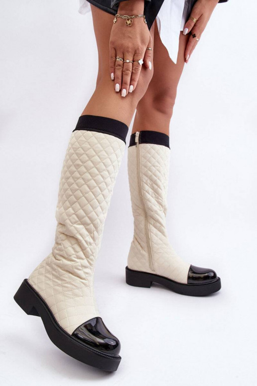 Beige gesteppte lange Amalfri-Stiefel mit breiten Absätzen