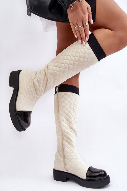 Beige gesteppte lange Amalfri-Stiefel mit breiten Absätzen