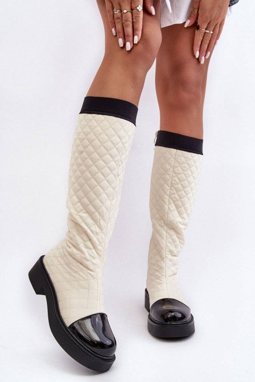Beige gesteppte lange Amalfri-Stiefel mit breiten Absätzen